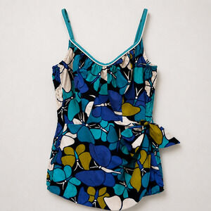 Vintage Mod Floral Swimsuit Romper Blue Aqua Side Tie Swim Dress Sm Mid Century